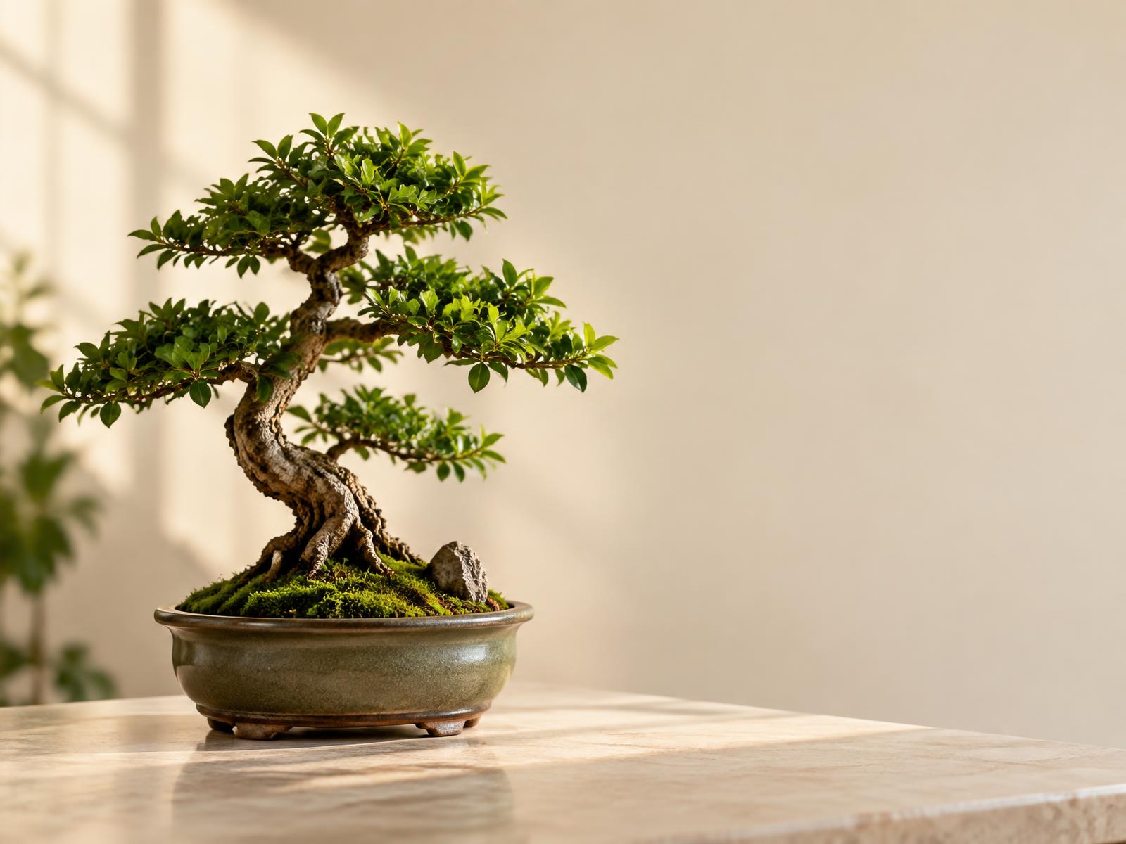 A carefully shaped bonsai tree in a ceramic pot lit by soft window light