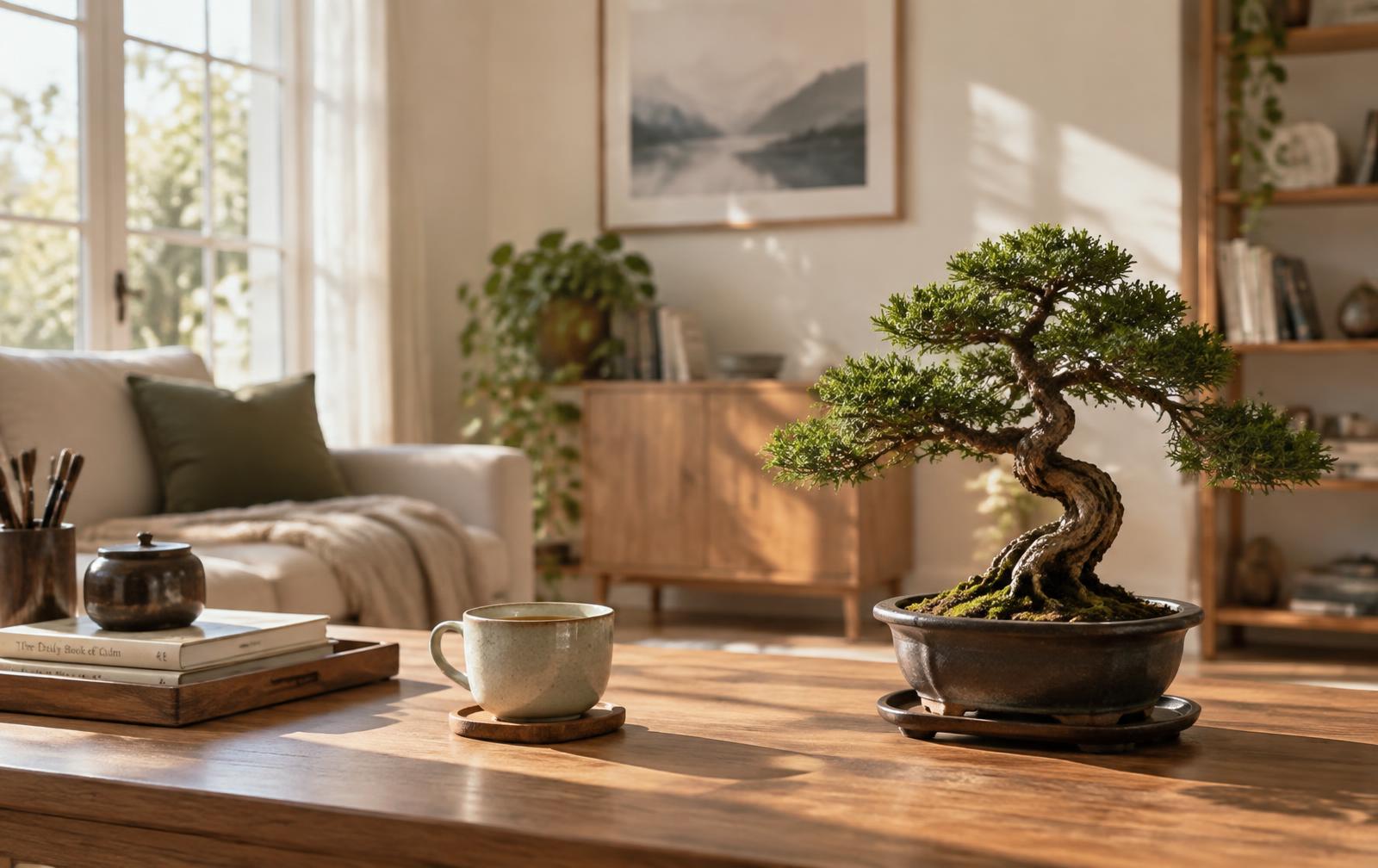 A bonsai on a wooden table beside a cup of tea in a calm, sunlit room
